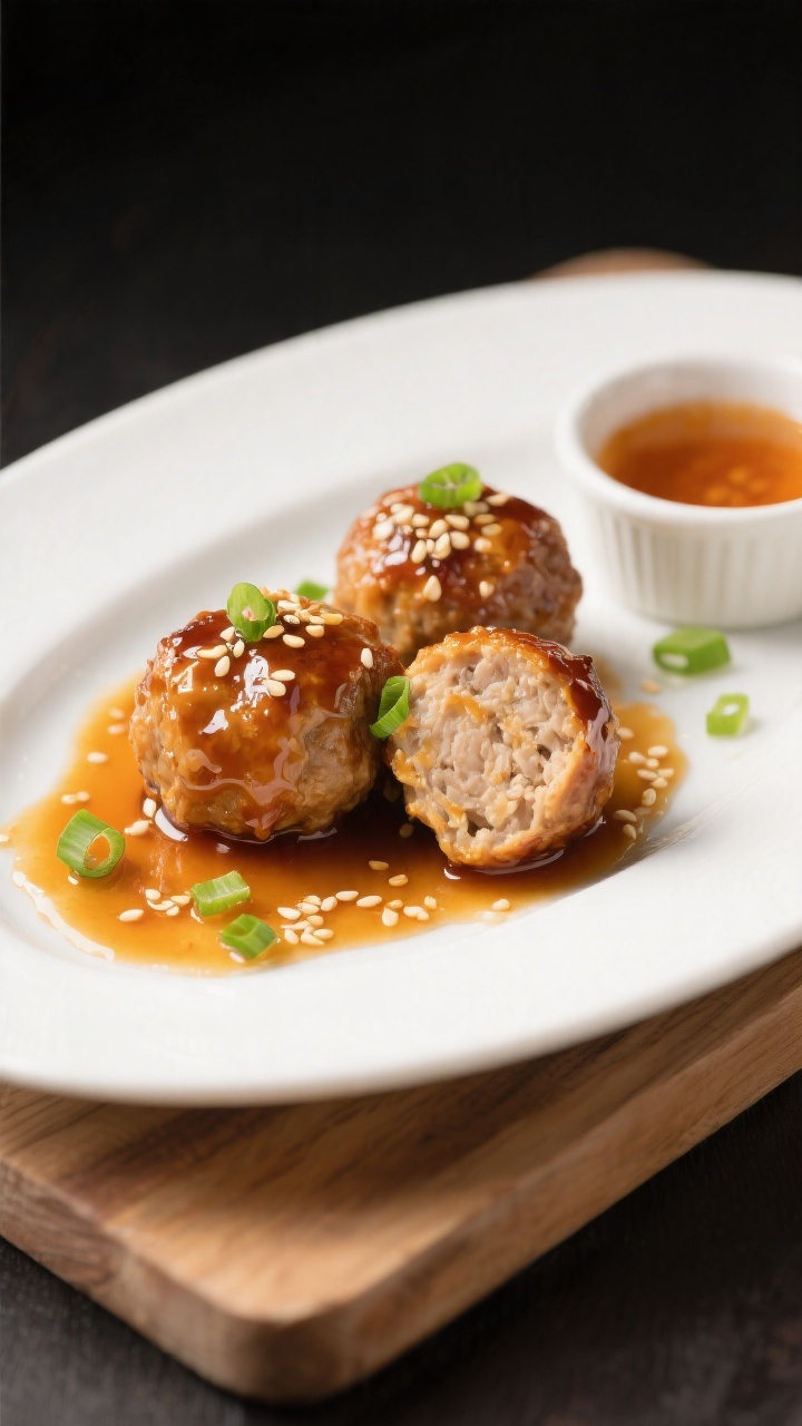 45-degree plated presentation of honey-garlic chicken meatballs: glossy, caramelized glaze pooling lightly on a white plate, sprinkled with sesame seeds and finely sliced green onion; juicy, tender interior visible in one halved meatball; warm amber highlights to emphasize the honey-garlic sheen, set on a simple wooden board with a small ramekin of extra sauce.