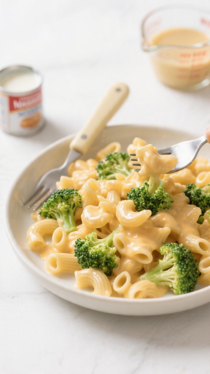 45-degree plated presentation of mild mac and cheese with broccoli that doesn’t get gluey: small pasta shapes (elbows and shells) coated in a silky, glossy cheese sauce made from evaporated milk and whole milk thinned with low-sodium chicken broth, no clumping; finely chopped bright-green broccoli florets folded through, still vibrant and tender; served in a shallow cream bowl with a child-friendly fork, a small pour of evaporated milk can and a measuring cup of broth blurred in the background; warm golden tones, soft highlights on the sauce, clean white backdrop, appetizing pull and sheen, no people.