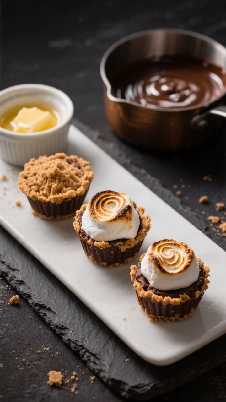 45-degree plated presentation of no-fuss s’mores brownie bites: mini brownie cups with graham cracker crust bottoms, rich fudgy centers, and torched gooey marshmallow tops with lightly charred swirls; a small bowl of graham cracker crumbs, melted butter in a ramekin, and a saucepan of glossy melted chocolate-butter mixture staged softly out of focus; dramatic side lighting to capture shine, sticky pull of marshmallow, and crumbly crust texture on a dark slate backdrop.