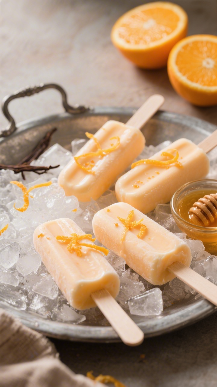 45-degree plated presentation of Orange Creamsicle Dream Pops arranged on crushed ice in a frosty metal pan, creamy pale-orange hue indicating blend of freshly squeezed orange juice, vanilla Greek yogurt, and coconut milk or half-and-half; delicate ribbons of orange zest sprinkled on top and a small bowl of honey/agave to the side; warm, nostalgic lighting, soft highlights on creamy texture, a couple of halved oranges in background for aroma and color cue.