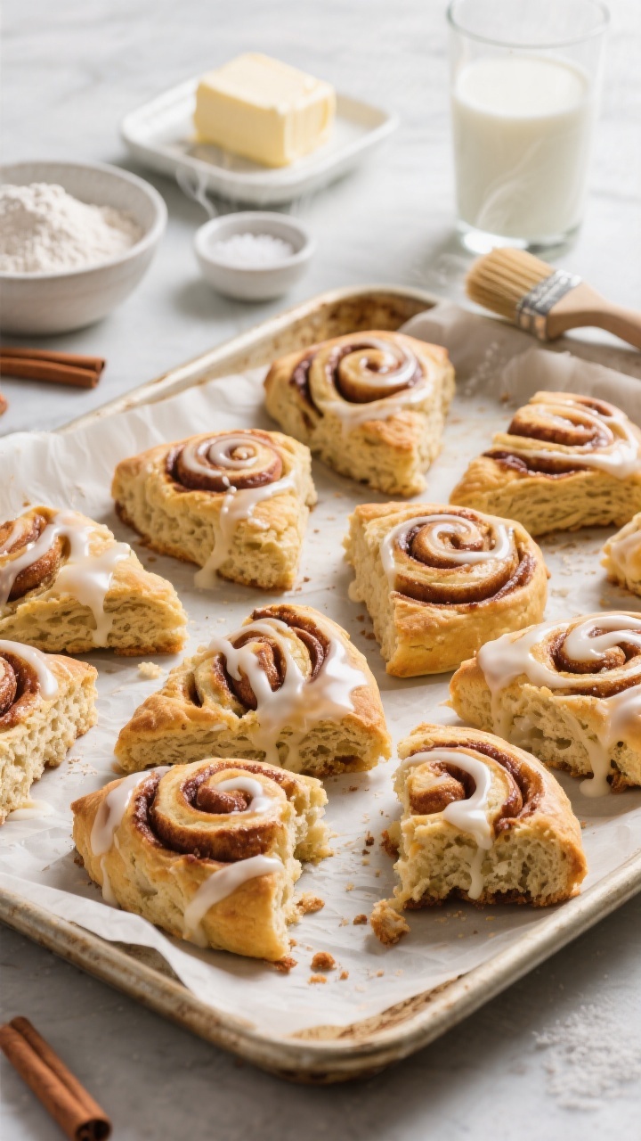 45-degree plated presentation of Sheet-Pan Cinnamon Roll “Scones” arranged on a parchment-lined sheet pan, spiral cinnamon streaks visible on the golden, craggy tops; glossy drizzly vanilla glaze crossing each scone; styling includes a cold-cubed butter dish, a flour bowl, baking powder and fine salt pinch bowls, and a glass of cold milk with a pastry brush resting nearby; capture steam and flaky interior on a scone torn open; bright yet soft light, emphasizing glaze sheen and cinnamon swirls.
