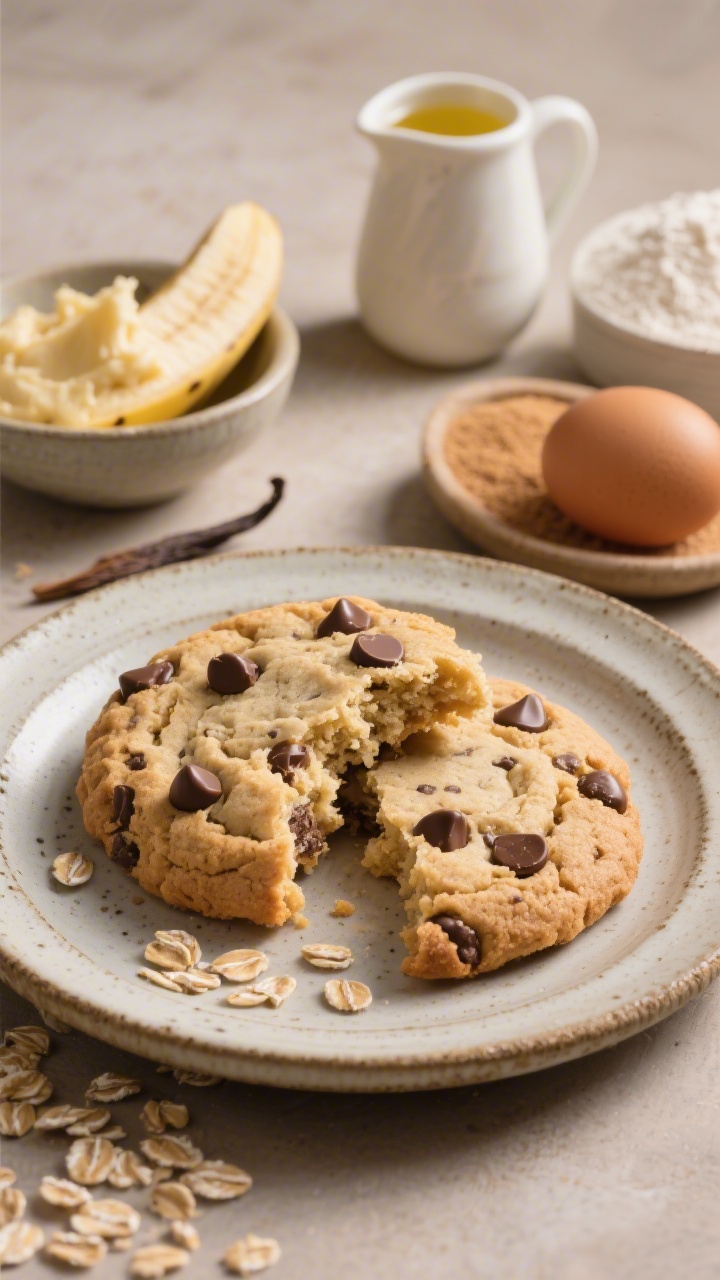 45-degree plated presentation of soft oatmeal banana cookies with chocolate chips on a rustic ceramic plate; visible specks of oats, melty chocolate chips, and a moist, cakey interior in one broken cookie; surrounding ingredients styled naturally: a ripe banana half-mashed in a small bowl, a tiny pitcher with neutral oil or melted butter, a dish of light brown sugar, an egg, vanilla extract, and a small mound of all-purpose flour; warm, homey mood with soft shadows and appetizing texture detail.