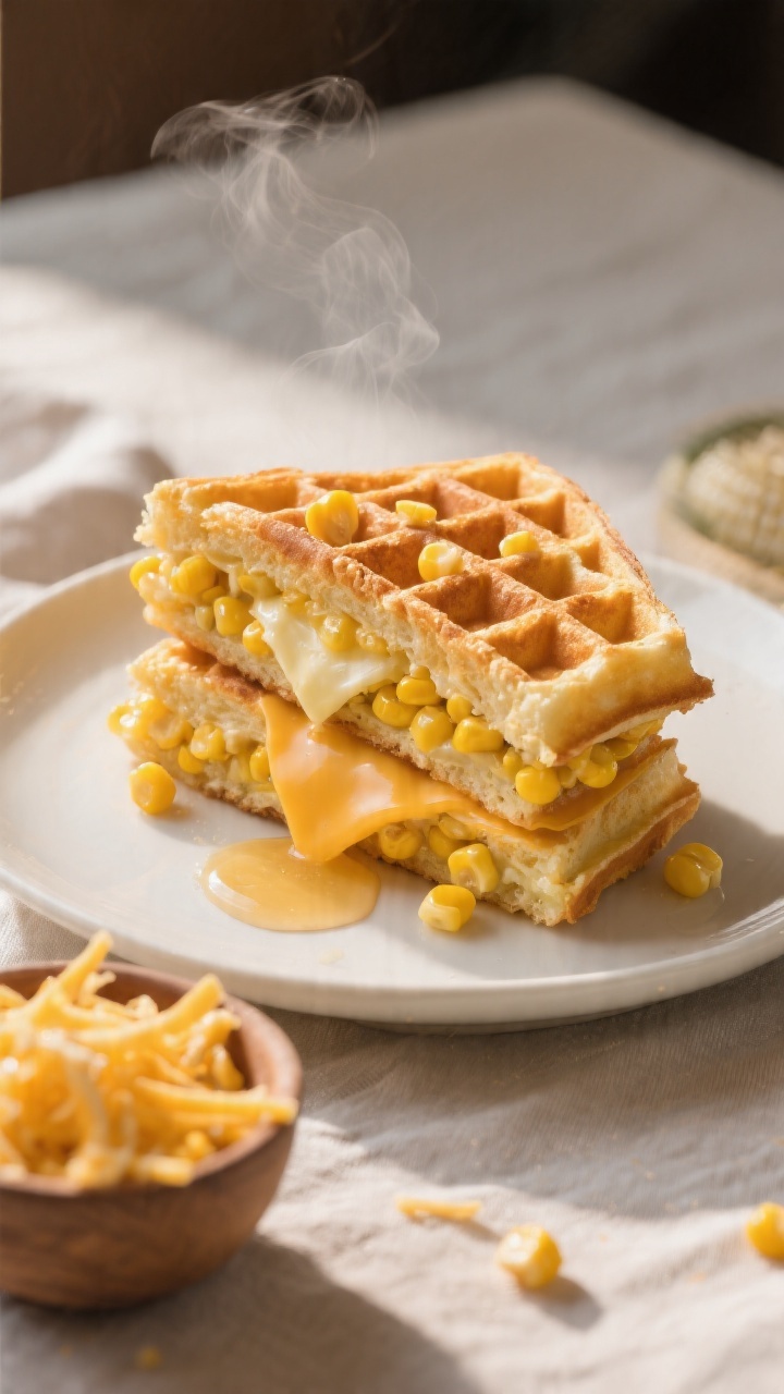 45-degree plated presentation of Sweet Corn and Cheddar Waffle Sandwiches: golden waffle halves studded with sweet corn kernels and melted cheddar, stacked into a sandwich with a light swipe of butter inside; visible waffle grid crispness, a drizzle of warm honey on the plate (optional sweetness), small bowl of extra corn and shredded cheddar nearby; warm morning light, soft linen, and gentle steam for appetizing effect.