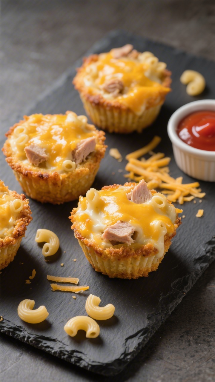 45-degree plated presentation of turkey mac ’n’ cheese muffin cups: golden, crusted tops with visible sharp cheddar and mozzarella, elbow macaroni clearly defined in each handheld cup, bits of turkey tucked throughout. Served on a slate board with a few scattered elbow macaroni, a light sprinkle of cheddar shreds, and a small ramekin of ketchup for kid-friendly dipping. Warm, directional light accentuating bubbly cheese and crisp edges.