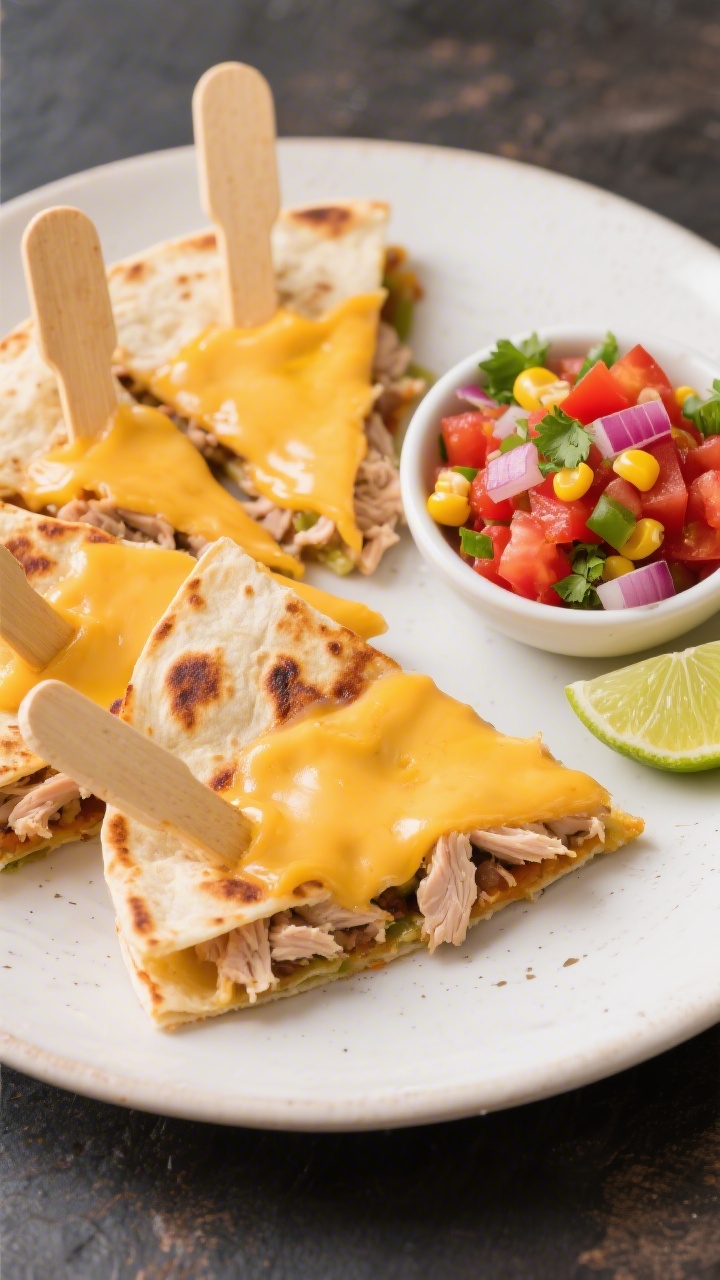 45-degree plated scene of Cheesy Turkey Quesadilla Dippers cut into triangles, cheese visibly oozing from toasted tortilla edges: fillings of chopped turkey and melty Monterey Jack/cheddar blend, lightly crisped golden exterior; served with a chunky veggie salsa in a small bowl—diced tomatoes, corn, red onion, cilantro, lime—plus lime wedges; a subtle char on tortillas, vibrant reds and greens in the salsa, inviting, kid-approved comfort food aesthetic.