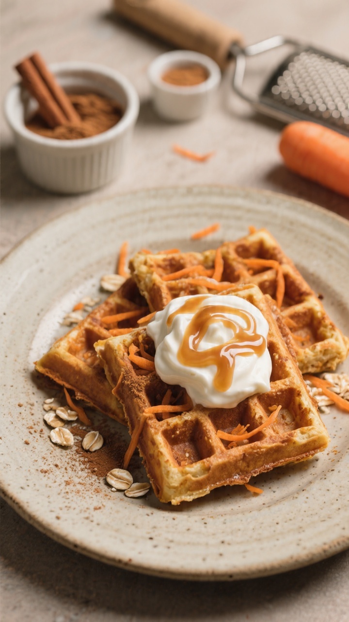 45-degree plated shot of Carrot Cake Waffles cut into quarters and slightly overlapped on a stoneware plate, topped with a lush drizzle of maple yogurt (yogurt swirled with maple syrup), finely grated carrot strands peeking from the waffle pockets, a dusting of cinnamon, and a few quick oats sprinkled for texture; small ramekins containing ground cinnamon and baking powder in the background, with a microplane and a nub of grated carrot; cozy, rustic mood with soft side lighting.