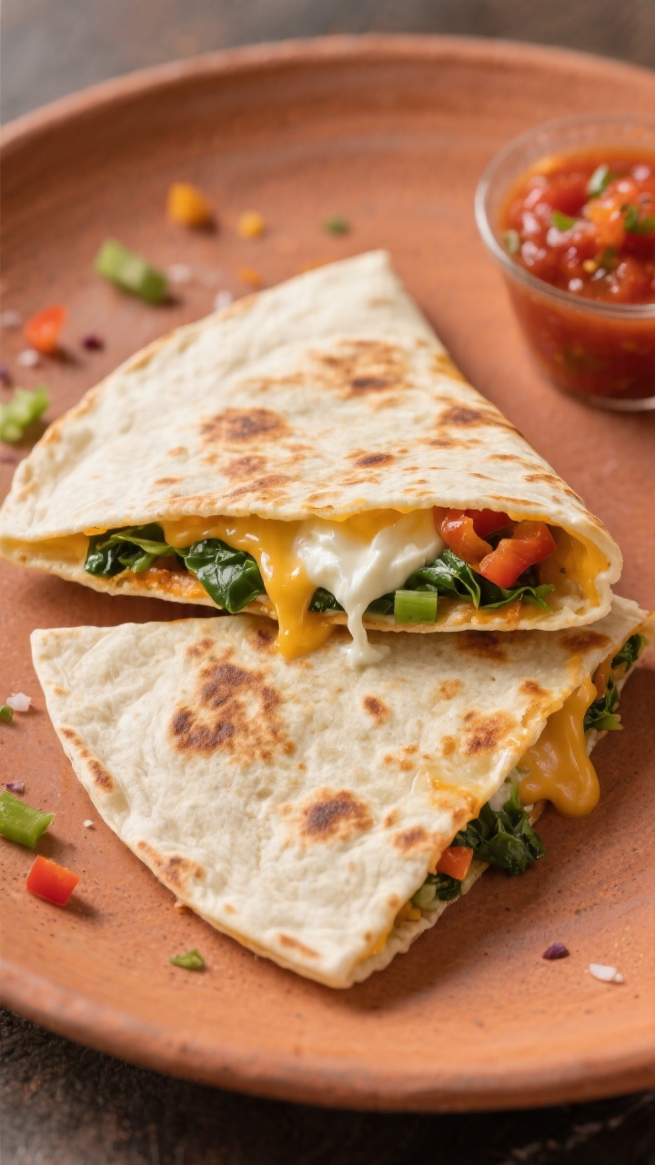 45-degree plated shot of cheesy veggie quesadilla pockets: two small flour tortillas folded into half-moon pockets, edges crisp and lightly blistered, cheese oozing with visible strands of mozzarella/mild cheddar and finely chopped spinach and bell pepper peeking out; a swipe of cream cheese inside yields extra creaminess; served on a warm-toned ceramic plate with a few scattered veggie confetti and a small dipping cup of mild salsa; inviting, grab-and-go feel with melty cheese pull in focus.