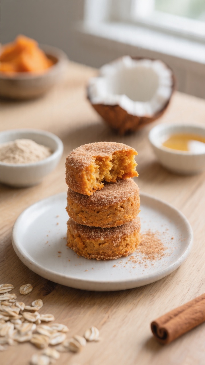 45-degree plated shot of Sweet Potato Snickerdoodle Bites (No Refined Sugar) stacked on a small matte white plate, tender cake-like interiors peeking through one broken bite, rolled in a light cinnamon-“snickerdoodle” style coating; warm orange tones from mashed sweet potato, with small bowls of fine almond flour, oat flour, maple (or date) syrup, and melted coconut oil in the background; clean wood tabletop, shallow depth of field, natural window light emphasizing the soft crumb.