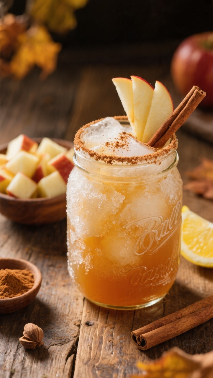 45-degree process shot of Cozy Cinnamon Apple Cider Slush: frosty semi-frozen cider in a mason jar with a cinnamon-dusted rim, fine ice crystals visible, garnished with a thin apple fan and a light sprinkle of ground cinnamon and nutmeg; surrounding elements include a small bowl of diced apple, a pinch bowl of cinnamon and nutmeg, and a lemon wedge; warm autumnal mood with soft golden light on a rustic wooden table, conveying it can be served cold yet cozy.