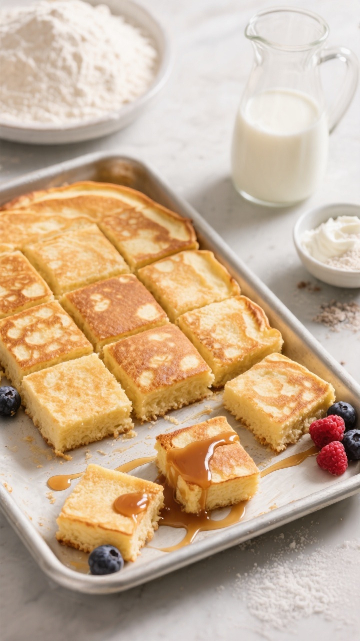 45-degree sheet-pan scene of Mini Pancake Squares with hidden protein: golden, fluffy pancake slab baked on a rimmed pan, cut into neat squares, tender crumb visible; ingredients hinted around—flour, sugar, baking powder, baking soda, pinch of salt, a jug of milk, and a small bowl of protein mix-in (e.g., Greek yogurt or protein powder) subtly styled; maple drizzle pooling on a few squares, fresh berries for a pop of color; crisp, bright lighting, emphasized rise and airy texture.