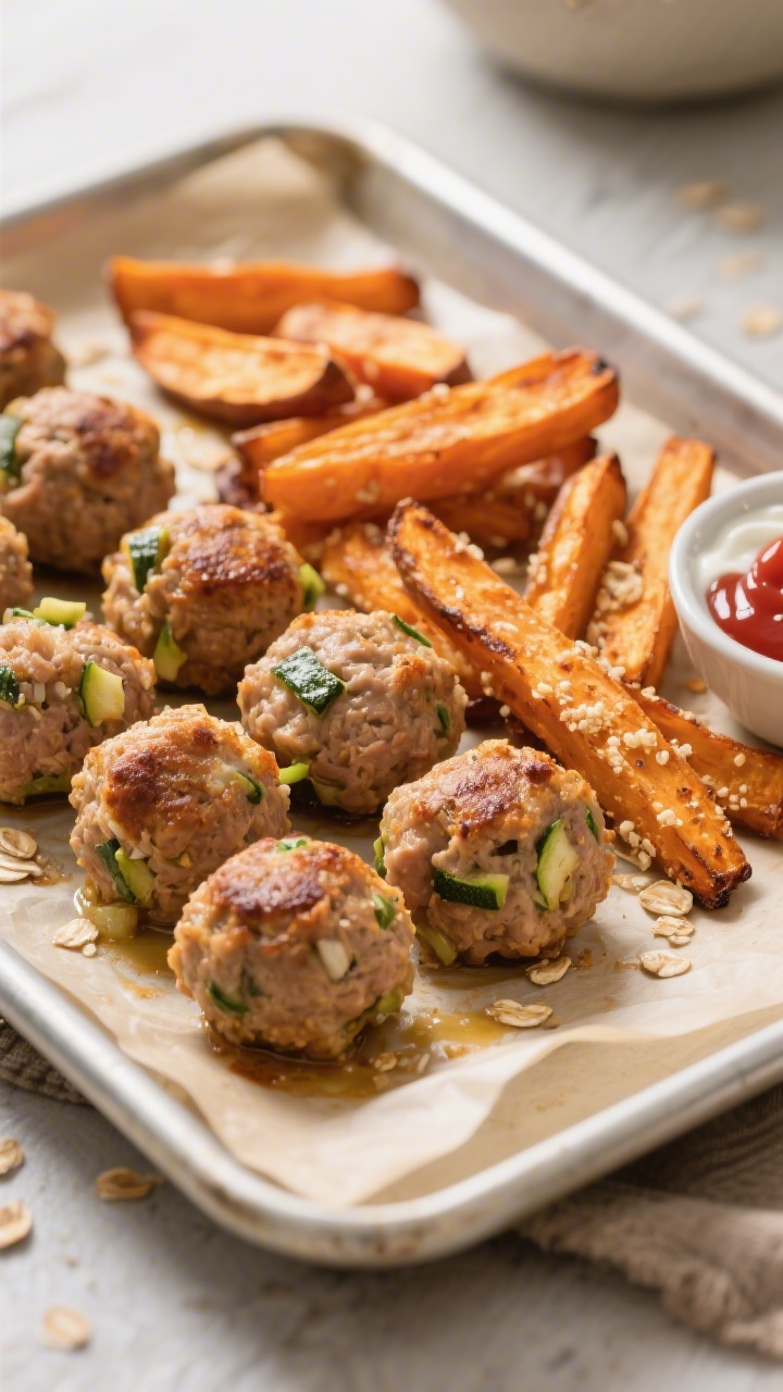 45-degree sheet-pan scene of turkey meatballs and sweet potato “fries” fresh from the oven: golden-brown 93% lean turkey meatballs studded with finely grated zucchini and hints of onion, nestled beside crisp, roasted sweet potato sticks. Breadcrumbs/oat flour and egg bind visible in the meatball crumb. Set on parchment-lined rimmed pan with light caramelization, a small dish of ketchup or mild yogurt dip off to the side. Warm, directional light emphasizing crispy edges and juicy interiors, shallow depth of field to highlight texture contrast.