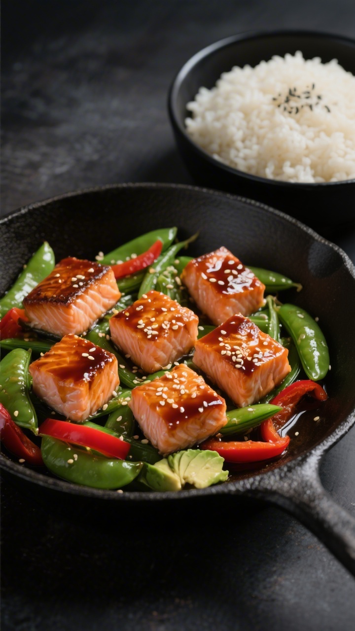 5-inch cubes of skinless salmon lacquered in teriyaki glaze, lightly caramelized edges, nestled with glossy sugar snap peas and thin red bell pepper strips, all tossed in avocado/olive oil; sesame seeds sprinkled over salmon; the cooked short-grain sticky rice served in a separate black bowl beside the pan; moody lighting with highlights on the glaze, emphasis on juicy salmon and crisp-tender vegetables.