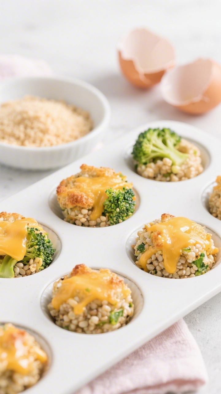 A 45-degree angle close-up of baked cheesy broccoli quinoa bites arranged in a white muffin tin, edges crisp and golden with melted mild cheddar pulling into threads; visible quinoa pearls and very finely chopped steamed broccoli (squeezed dry) studding each bite; a small dish of fine breadcrumbs and two cracked eggshells in the background for story; clean, bright kid-friendly vibe with pastel napkin, shallow depth of field highlighting the crispy-cheesy tops.