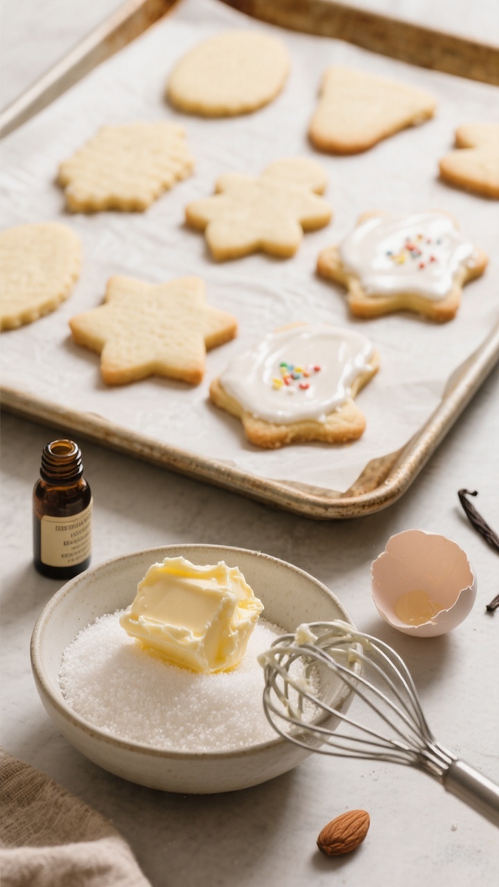 A 45-degree angle scene of no-roll sugar cookie shapes on a parchment-lined baking sheet, edges lightly golden, some cooled cookies iced with glossy vanilla icing and simple sprinkle accents; foreground shows a bowl of softened unsalted butter and a mound of granulated sugar creamed together in a mixing bowl with a whisk resting nearby; include a cracked egg shell, a small bottle of vanilla extract, and a vial labeled almond extract; soft neutral backdrop, crisp focus on the defined cookie shapes, cozy home-baking mood.