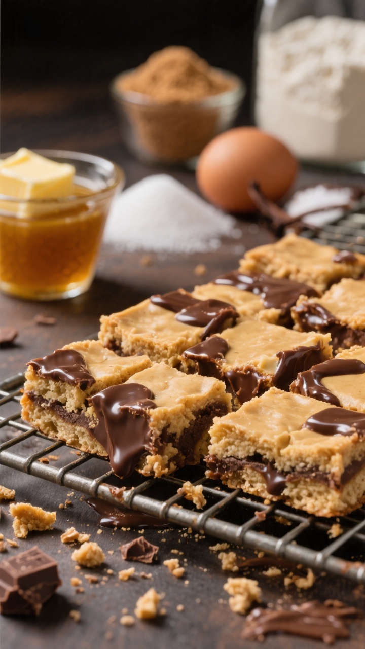 A close-up of peanut-butter-free monster bars cut into chunky squares, gooey melted chocolate peeking through the soft, blondie-like interior; crumbs and glossy chocolate smears on a cooling rack; in the background slightly out of focus, the ingredient lineup: melted unsalted butter in a heatproof cup, packed light brown sugar, a small heap of granulated sugar, a single egg, vanilla extract, all-purpose flour, and a pinch of salt; warm, rich tones, shallow depth of field to emphasize texture and chocolate pockets.