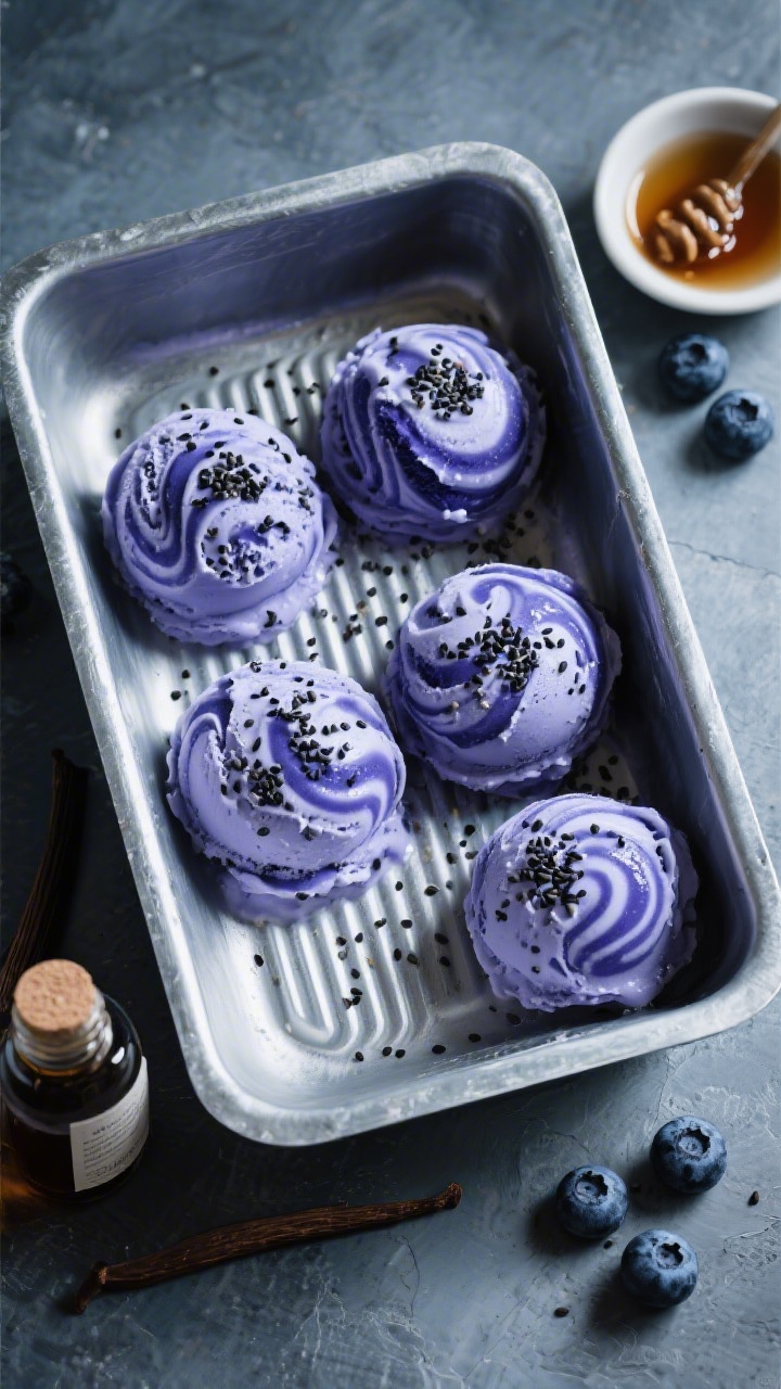 A dramatic overhead flat lay of Blueberry Coconut Swirl Scoops with Chia Crunch: round scoops of lavender-blue coconut ice cream with deep indigo blueberry swirls, glossy and creamy from full-fat coconut milk, sprinkled with black chia seeds for crunch. Style in a chilled metal loaf pan with visible ripple lines, a small drizzle of maple syrup in a side dish, vanilla extract bottle, and a handful of frozen blueberries scattered for color. Cool-toned surface, high-contrast lighting to make the swirl pop, ultra-appetizing, no people.