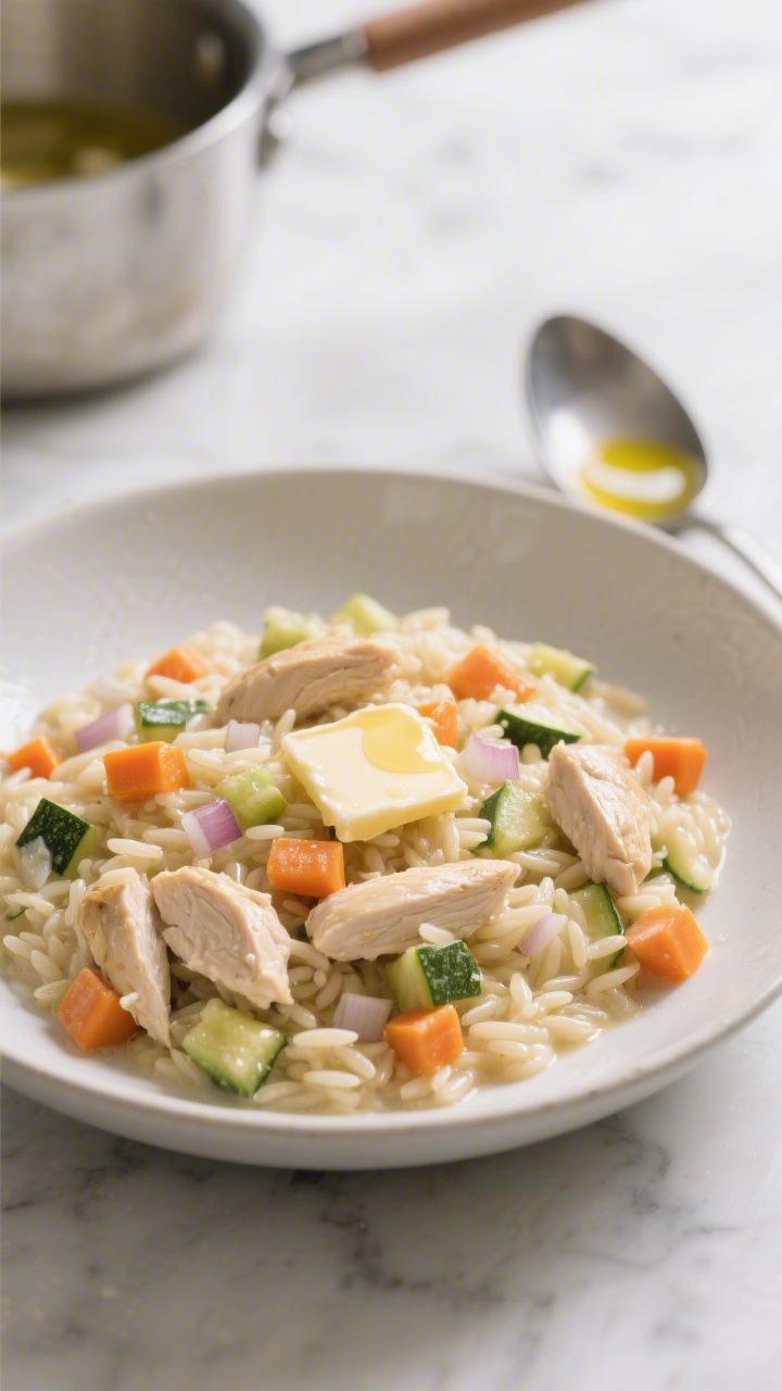 A plated presentation at a 45-degree angle of creamy chicken veggie orzo “risotto” in a shallow wide bowl: glossy orzo coated in a silky broth-butter-olive oil sheen, tiny cubes of carrot, zucchini, and very finely diced onion nestled throughout, tender chicken pieces folded in; garnished with a pat of melting butter and a drizzle of olive oil; served on a light marble surface with a ladle and saucepan in soft focus behind, evoking easy weeknight comfort without fuss.