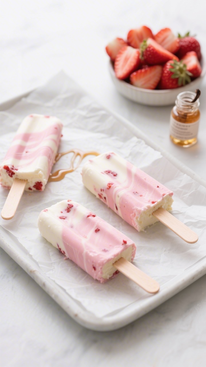 A straight-on plated presentation of Strawberry Yogurt Cheesecake Pops: creamy pink-and-white marbled popsicles on a parchment-lined tray, flecks of real strawberry visible, slight sheen from Greek yogurt and cream cheese blend. Include a tiny drizzle line suggesting low-sugar maple syrup, and a bowl of hulled fresh strawberries in the background for context. Show a small jar of vanilla extract off to the side. Clean, bright backdrop, cool tones, crisp focus on the pops’ texture and cheesecake-like density, professional food styling, no people.