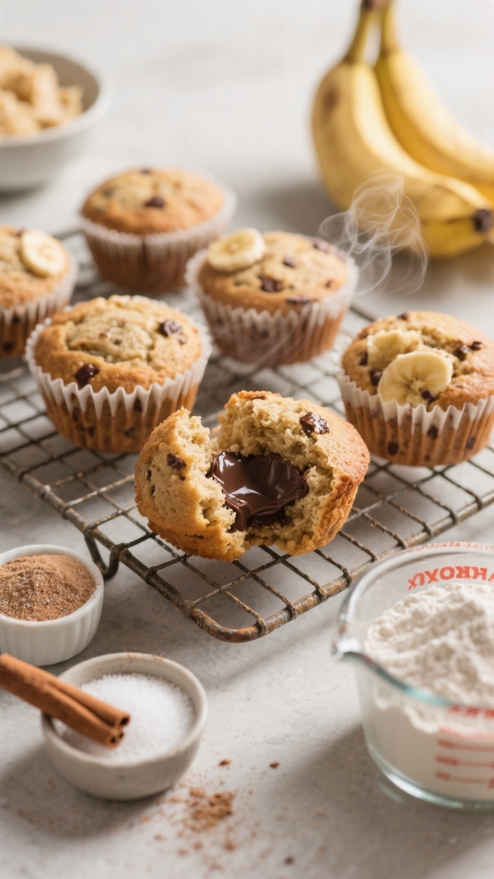 A straight-on shot of banana buddy muffins on a rustic wire rack, one muffin torn open to reveal a hidden melted chocolate center; visible flecks of banana and cinnamon in the tender crumb; ingredients artfully included: ripe bananas with some mashed in a bowl, a small dish of baking powder and baking soda, a sprinkle of cinnamon, granulated sugar in a ramekin, and all-purpose flour in a measuring cup; soft morning light, subtle steam rising, inviting breakfast vibe.