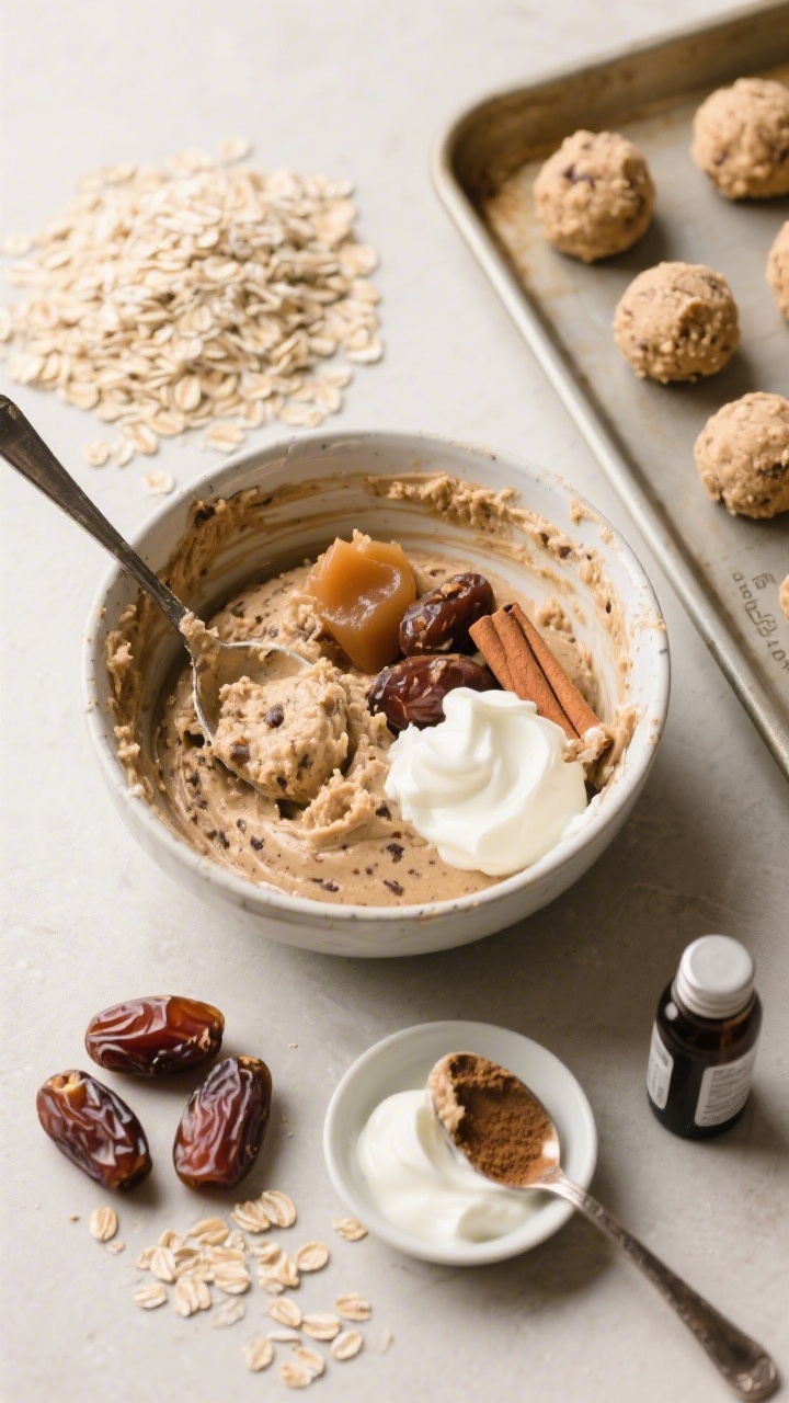An overhead ingredient-and-process shot for Oatmeal Cookie Dough Ice Cream Bites: a mixing bowl with blended “cookie dough” made from rolled oats, soft Medjool dates, unsweetened applesauce, Greek yogurt, cinnamon, and vanilla—thick, speckled, and scoopable. Nearby: measured piles of rolled oats, pitted dates, a spoonful of cinnamon, a small dish of yogurt, and a vanilla bottle. On a sheet pan, neat spooned mounds/bites in formation, some rolled into tidy spheres. Neutral backdrop, soft diffused light, focus on wholesome no-added-sugar appeal, no people.