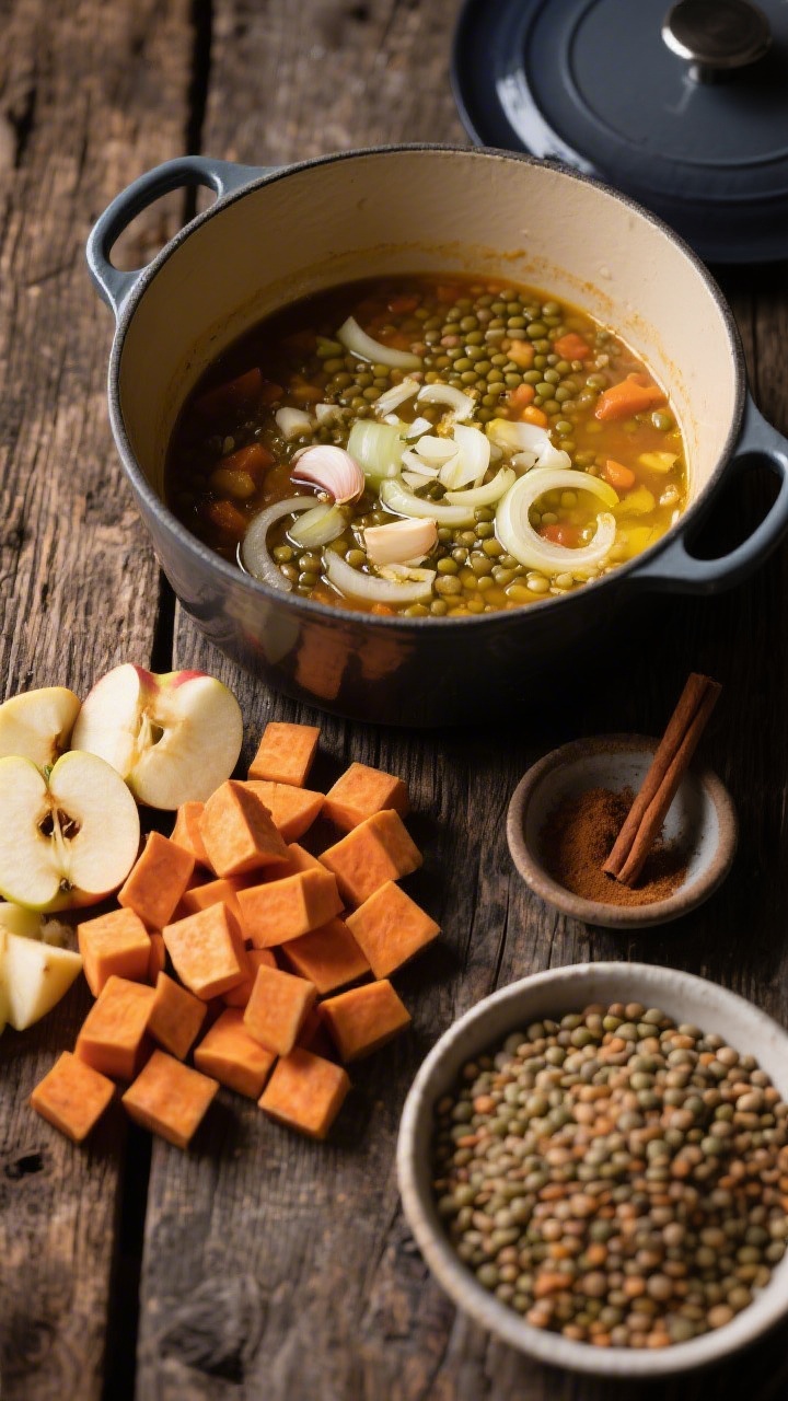 An overhead ingredient-to-cooking transition shot for sweet potato apple lentil stew: a Dutch oven on a rustic wooden table with onions and minced garlic sautéing in olive oil, next to neat piles of 1/2-inch diced sweet potato and peeled diced apple, and a bowl of dry lentils; a small pinch bowl of cinnamon ready to sprinkle; warm autumnal tones, moody side light, capturing the moment before everything is stirred together into a cozy, cinnamon-kissed stew.