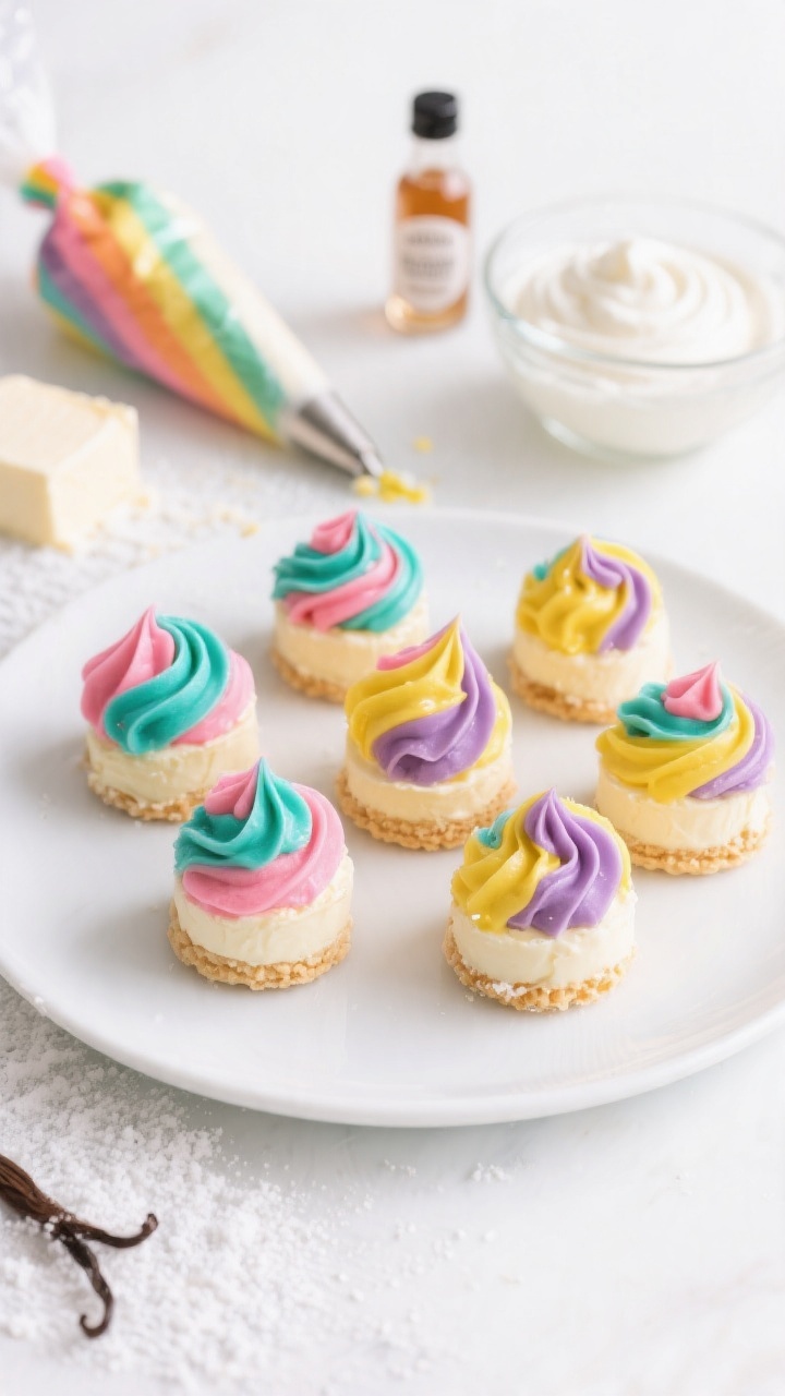 An overhead plated presentation of rainbow swirl cheesecake bites: mini, no-bake swirls in vivid gel-colored ribbons (pink, teal, yellow, purple) piped onto vanilla wafer cookie bases, topped with a light glossy sheen; a piping bag with residual rainbow cream nearby; ingredients staged neatly: softened cream cheese, powdered sugar dusted on the surface, vanilla extract bottle, and a chilled bowl of softly whipped heavy cream; clean white backdrop, high-key lighting to pop the colors, ultra-smooth, creamy textures in sharp focus.