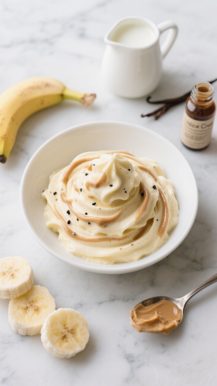 An overhead shot of Banana “Nice Cream” swirls in a shallow white bowl: creamy pale-yellow banana soft-serve with visible peanut butter swirl ribboning through, tiny black vanilla flecks, smooth scoop texture with soft peaks. Surround the bowl with the exact ingredients: three frozen banana slices scattered, a small pitcher of milk (labeled dairy or oat), a vanilla extract bottle, and a spoon with a light smear of peanut butter. Style on a cool marble surface with minimal props, bright natural light, soft shadows, no people, toddler-friendly vibe.