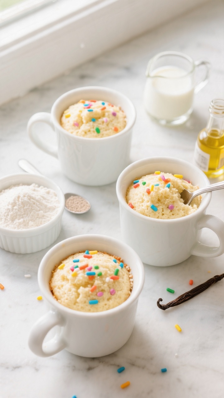 An overhead shot of confetti mug cakes just cooked in white ceramic mugs, fluffy vanilla crumb speckled with rainbow sprinkles visible on top, a small spoon showing a moist interior; ingredients styled around the mugs on a light marble surface: a small mound of all-purpose flour, granulated sugar, a pinch of salt in a ramekin, baking powder in a tiny spoon, a splash of milk in a glass, a drizzle of vegetable oil in a mini pitcher, and a vanilla extract bottle; bright, playful colors, soft natural window light, minimal props to emphasize the kid-friendly, microwave-mug method.