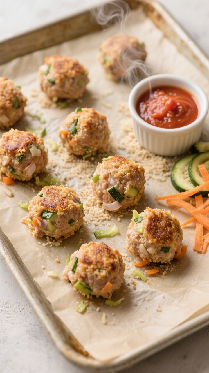 An overhead shot of cozy mini turkey veggie meatballs just out of the oven on a parchment-lined sheet pan: small, golden-browned turkey meatballs flecked with grated zucchini and carrot, tiny onion bits visible, fine breadcrumb crust lightly crisped; a small bowl of marinara on the side, a ramekin of fine breadcrumbs, and a scattering of raw grated zucchini (squeezed dry) and carrot ribbons for context; warm, soft morning light, neutral ceramic props, steam faintly rising, no people, professional food styling emphasizing moist texture and hidden veggies.