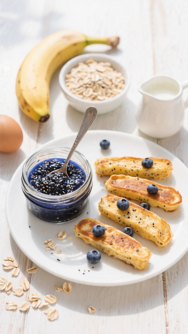 Bright morning flat lay of banana oat pancake fingers with blueberry chia jam: golden-brown pancake fingers cut into easy-to-grab strips, showing a tender, speckled crumb from rolled oats, cinnamon, and vanilla. A small jar of glossy blueberry chia jam alongside, spoon dipped in, deep indigo color with visible chia seeds. Include key ingredients artfully arranged: a ripe banana, a small bowl of rolled oats, baking powder, an egg, and a splash of milk in a tiny pitcher. White plate on a light wood surface, natural daylight, minimal props to keep focus on texture and color contrast.