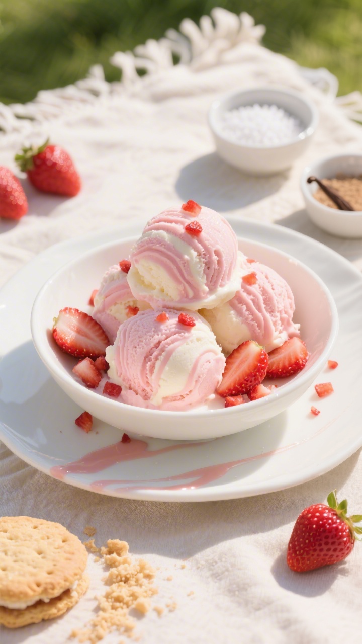 Bright overhead plated presentation of the “Strawberry Shortcake Swirl”: pale pink-and-cream ice cream scoops with visible ribbons of real strawberry, dotted with finely chopped ripe strawberries on top and around the bowl. Styled on a sunlit picnic-like setup with a white ceramic bowl, strawberry juices lightly streaked on the rim, small bowls of sugar and vanilla nearby, and a pinch dish of fine salt. Fresh strawberries and a shortcake biscuit crumb sprinkle at the edge to evoke shortcake vibes, light summery color palette.