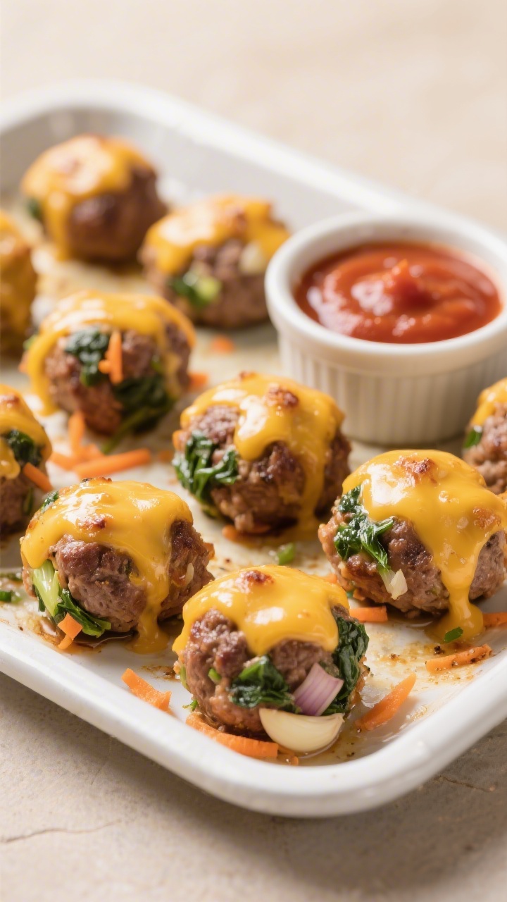 Close-up, 45-degree angle: Mini cheesy beef and veggie meatballs just out of the oven, glistening with melted cheddar, arranged on a small white rimmed sheet pan. Visible flecks of finely grated carrot, minced spinach/kale, and tiny onion bits in the juicy 85–90% lean beef mix; a hint of garlic. A small ramekin of mild marinara for dipping, a toddler-friendly vibe with mini portions, warm neutral backdrop, shallow depth of field to emphasize gooey cheese and moist texture, no people.