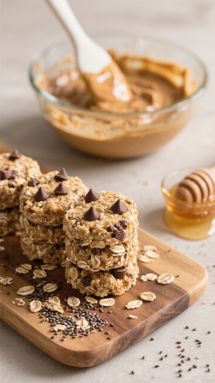 Close-up, 45-degree angle of No-Bake Oat Bites with Chocolate Chips and Chia: a rustic wood board with neatly stacked round oat bites showcasing visible old-fashioned rolled oats, mini chocolate chips, chia seeds, and ground flaxseed flecks; a glass bowl in the background with a sticky mixture of natural peanut butter, honey, and oats mid-stir, a silicone spatula coated in the mixture; a drizzle of honey nearby and a pinch of chia scattered for texture; soft side lighting to highlight glossy peanut butter sheen and chewy texture.