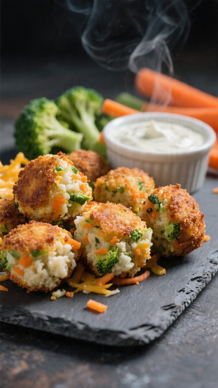 Close-up, 45-degree angle of rainbow veggie tots on a matte slate plate: tightly packed, bite-size tots made from riced cauliflower, grated carrot, finely chopped broccoli, and shredded mild cheddar, air-fried until crisp and mottled golden with visible orange, green, and white flecks; a side ramekin of ranch dip, a few raw broccoli florets and carrot ribbons blurred in the background; steam subtly rising, sharp detail on the browned craggy exterior.