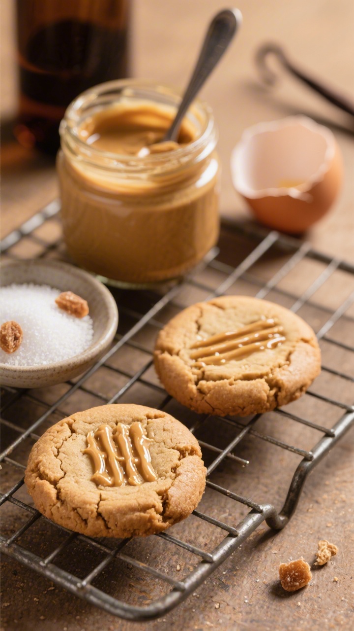 Close-up 45-degree angle of three-ingredient peanut butter cookies on a cooling rack, classic crosshatch fork marks on top, edges lightly crackled and centers chewy; a small dish of granulated sugar (with option of a few brown sugar crystals visible), a jar of creamy no-stir peanut butter open with a spoon swipe, and an egg shell half in the background; optional vanilla bottle blurred; warm, cozy tones highlighting glossy peanut butter sheen.