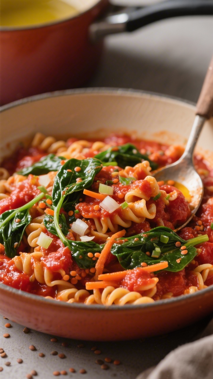 Close-up 45-degree bowl shot of one-pot red lentil pasta in a spinach-tomato sauce: al dente red lentil pasta shapes coated in a chunky, glossy tomato sauce simmered with olive oil, finely minced onion, grated carrot, and garlic, with ribbons of just-wilted spinach. Visible specks of aromatics and a drizzle of olive oil catch the light. Served in a warm-toned ceramic bowl with a ladle resting in the pot behind it. Rich, saturated colors, shallow depth of field focusing on saucy curls of pasta and the contrast of red sauce and bright green spinach.