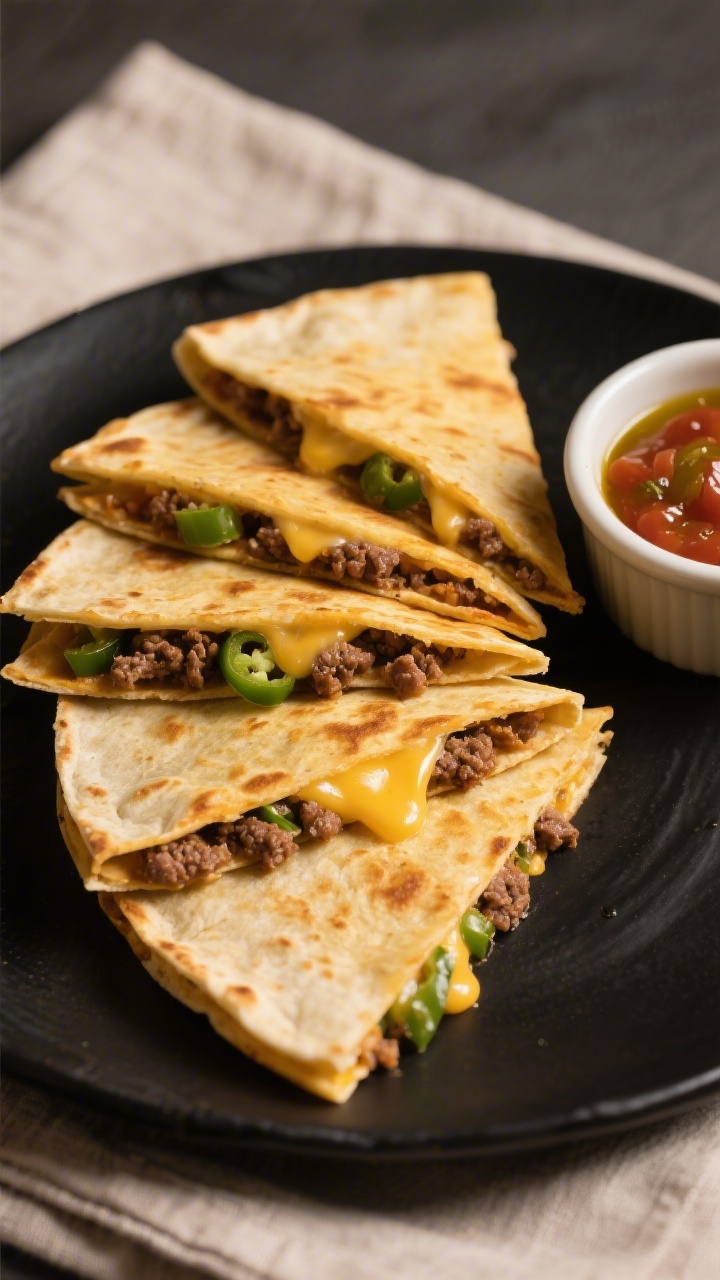 Close-up action-free stack: mild beef, bean, and cheese quesadilla triangles arranged in a fan on a matte black plate. Golden, lightly crisped tortillas with visible melted cheese stretch at the cut edges; finely chopped mild green chiles and tender ground beef crumbles speckle the filling. A small ramekin of mild salsa sits to the side; a brush of olive oil sheen on the tortilla surface. Tight depth of field focusing on the gooey interior, warm tones, clean background with a folded neutral napkin.
