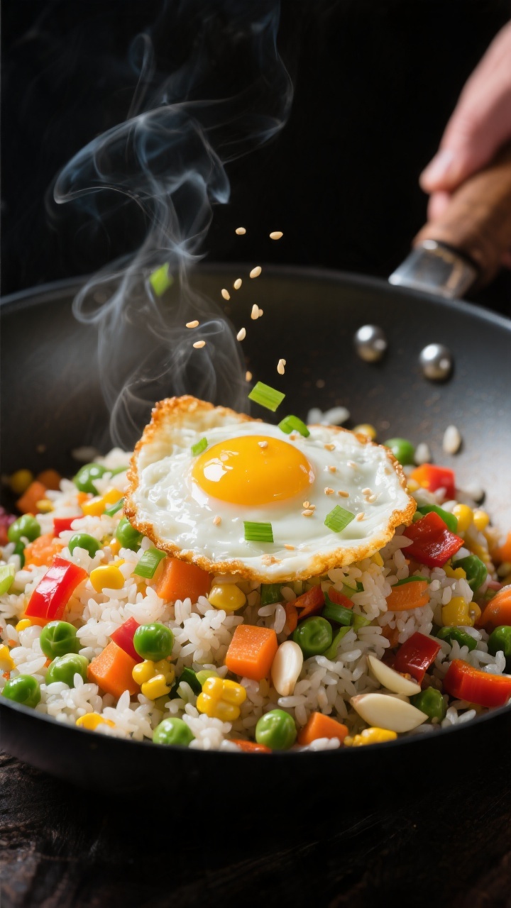 Close-up action shot of rainbow veggie fried rice in a wok: day-old jasmine rice grains glossy and separate, tossed with mixed vegetables (peas, carrots, corn, bell peppers) and minced garlic; ribbons of steam, sesame oil glinting; topped with a just-fried crispy-edged egg with runny yolk; garnished with sliced scallions and a few sesame seeds; dramatic side lighting to emphasize textures and color contrast, no hands visible