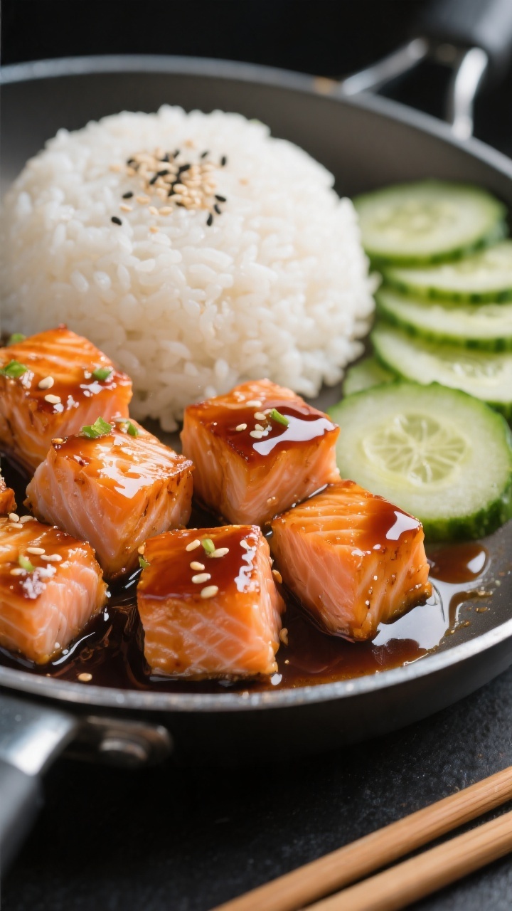 Close-up action shot of sweet teriyaki salmon bites: 1-inch salmon cubes in a glossy soy-honey-maple glaze with a kiss of rice vinegar and fresh grated ginger, caramelized edges catching the light in a nonstick skillet. In the background, a mound of sticky white rice sprinkled with sesame seeds and neat rows of thinly sliced cucumber rounds. Glaze clings thickly to the salmon, micro droplets shining; chopsticks rest beside but untouched. Shallow depth of field, rich amber-brown sauce tones against vibrant coral salmon, clean modern plateware, no people.