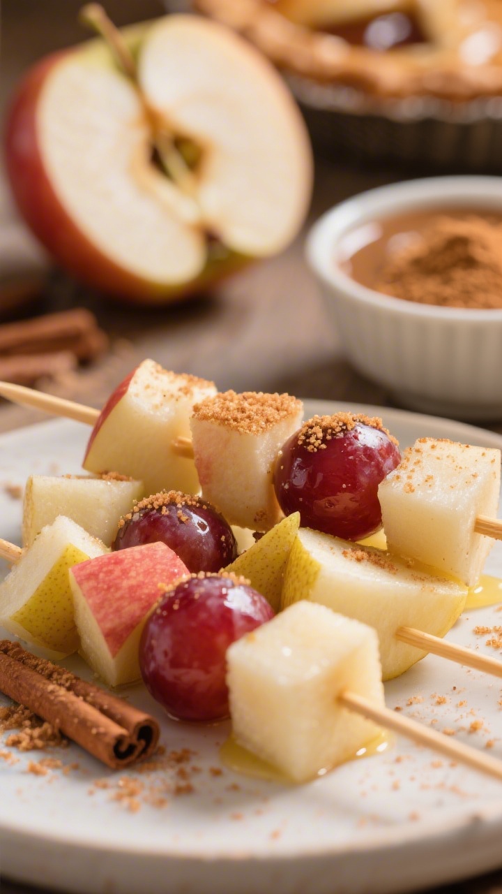 Close-up, cozy dessert-style composition of “Apple Pie Dipper Sticks With Cinnamon Crunch”: short wooden skewers threaded with 1-inch cubes of crisp apples (Honeycrisp, Gala, or Pink Lady), red grapes, and optional pear chunks, glistening from a light lemon juice toss. The skewers are finished with a visible cinnamon-sugar crunch sprinkle, with a small bowl of the cinnamon mixture and a halved apple in the background. Warm, pie-inspired tones, shallow depth of field highlighting the cinnamon crystals and apple skin texture, gentle side lighting, no people.