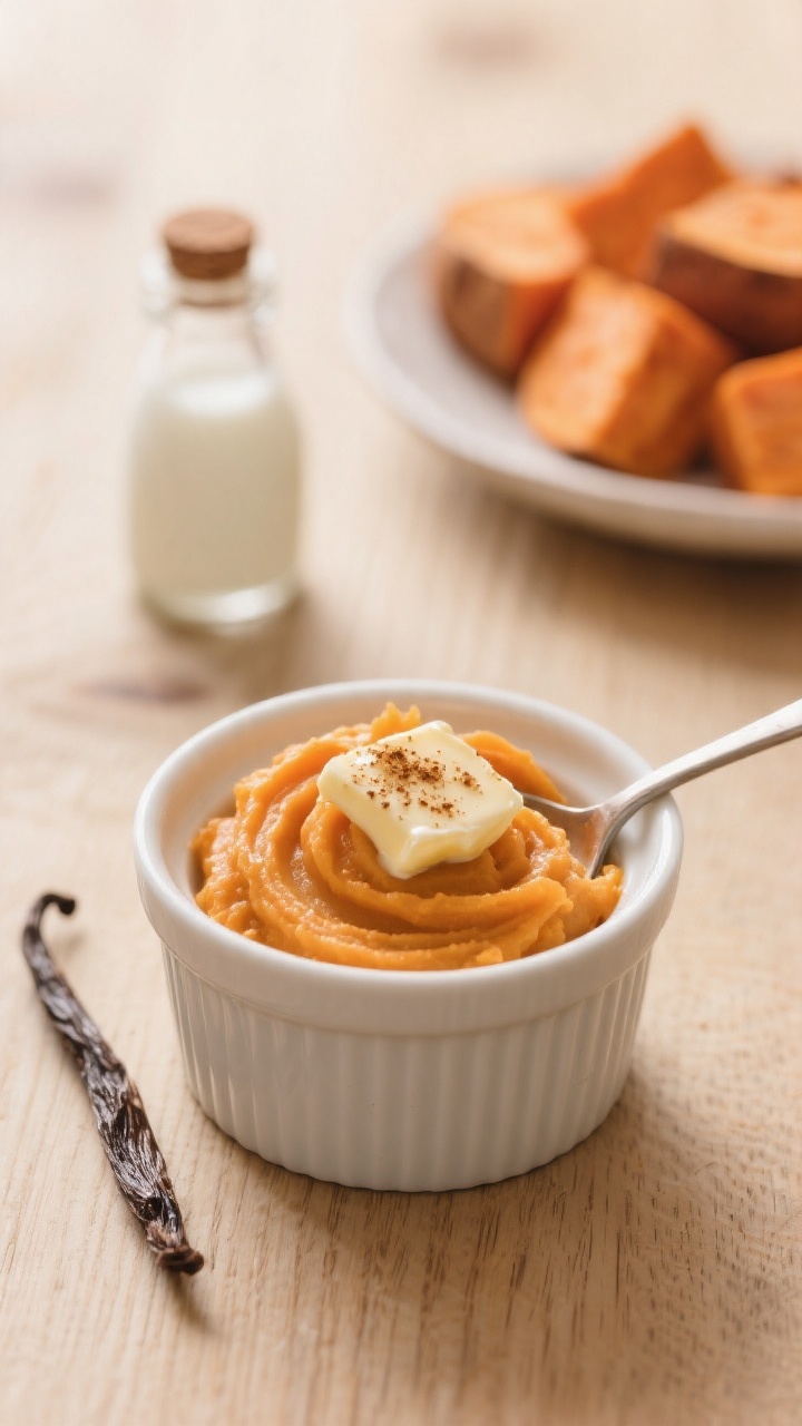 Close-up, cozy mood: A warm, straight-on close-up of mini sweet potato mash cups spooned into small white ramekins, the mash silky and swirled with a pat of melting unsalted butter, hints of cinnamon sprinkled on top, and a tiny gloss from full-fat milk; a vanilla pod and a small bottle of pure vanilla extract in soft focus behind, peeled and cubed roasted sweet potato pieces on a side dish for context; styled on a light wood table with gentle morning light, shallow depth of field emphasizing creamy texture and orange hue.