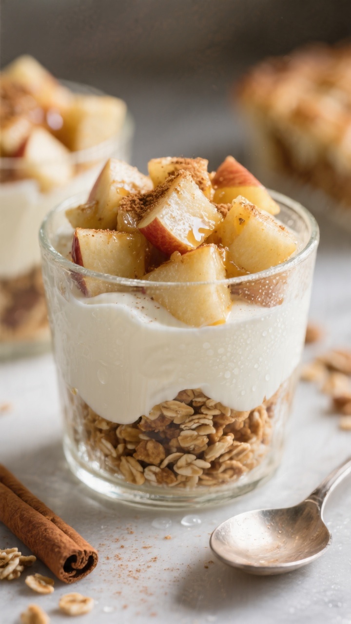 Close-up dessert-style No-Bake Apple Pie Yogurt Parfaits: glass tumblers layered with creamy vanilla Greek yogurt, sautéed diced apples glistening with butter/coconut oil and maple syrup, a sprinkle of warm cinnamon, and a crunchy granola finish. Soft natural light, slight condensation on glass, spoon resting nearby, warm cozy tones evoking apple pie flavors, ultra-appetizing texture detail.