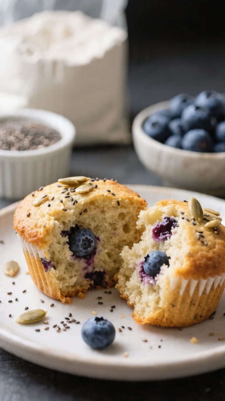 Close-up final presentation for Blueberry Chia Yogurt Muffins: muffins split open to reveal juicy blueberry pockets and tiny chia seeds studding a tender crumb, lightly golden tops with a subtle sunflower seed crunch scattered over; ingredients referenced in background blur—bag of all-purpose flour, small ramekin of chia seeds, bowl of fresh blueberries; gentle backlight to accent berry sheen, high contrast, crisp detail on crumb texture and seed sparkle.