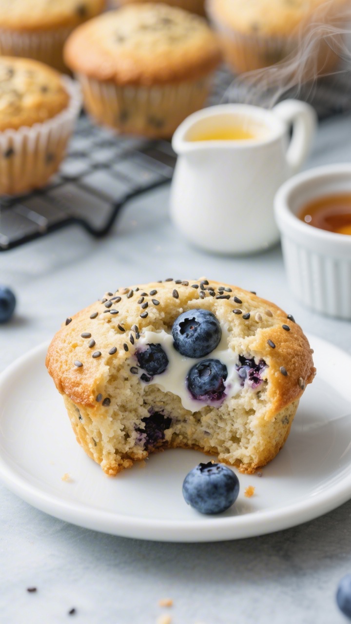 Close-up final presentation for Blueberry Yogurt Muffins With Hidden Chia Crunch: tight macro shot of split-open muffin on a small white plate, juicy blueberries bursting in the crumb, tiny chia seeds glistening, tender yogurt crumb texture, golden domed tops in a wire rack softly blurred behind, props include a small pitcher hinting melted butter and a ramekin of maple syrup or honey, cool-toned backdrop, shallow depth of field, steam subtly rising, no people.