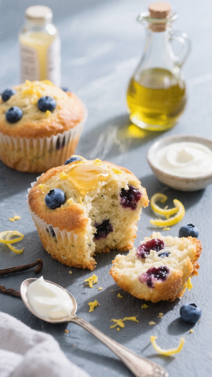 Close-up hero shot of blueberry yogurt muffins bursting with blueberries, topped with a delicate sheen of honey, set on a cool-toned slate. Lemon zest curls scattered around, a spoonful of plain whole-milk yogurt (Greek style) in a small dish, and a tiny carafe of avocado oil. Show a cut muffin with jammy blueberry pockets and a whisper of steam, with visible lemon zest in the crumb. Include a teaspoon of vanilla extract bottle in soft focus. Sunshiney, fresh mood with bright highlights and cool shadows to emphasize “sunshine vibes.”