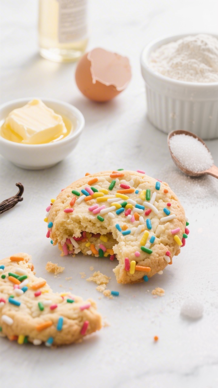 Close-up hero shot of rainbow sprinkle sugar cookies, crackly edges and soft centers, coated generously in colorful sprinkles; one cookie broken to reveal tender crumb; props include a small bowl of melted, slightly cooled unsalted butter, a ramekin of granulated sugar, a cracked egg, vanilla extract bottle, a scoop of all-purpose flour with a dusting of baking soda and a pinch of salt; shallow depth of field, bright, clean background, irresistible buttery sheen.