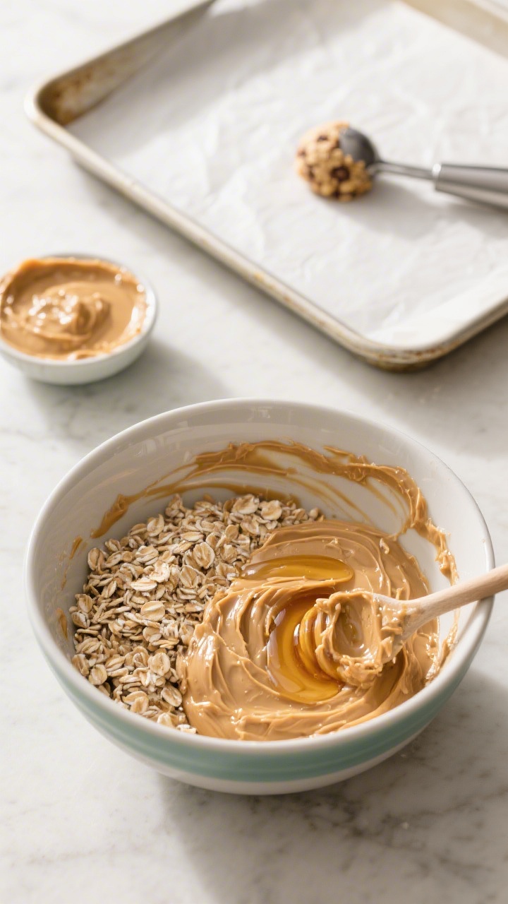Close-up ingredient-prep shot for No-Bake Monster Bites: a large mixing bowl with creamy peanut butter, quick oats, honey pooling in ribbons, and a splash of vanilla extract about to be stirred; include optional nut-free swap of sunflower seed butter in a small dish; a sheet pan lined with parchment and a cookie scoop ready in the background; bright, natural light emphasizing sticky, textured oats and glossy peanut butter, clean minimal surface, no cooking equipment since it’s no-bake.