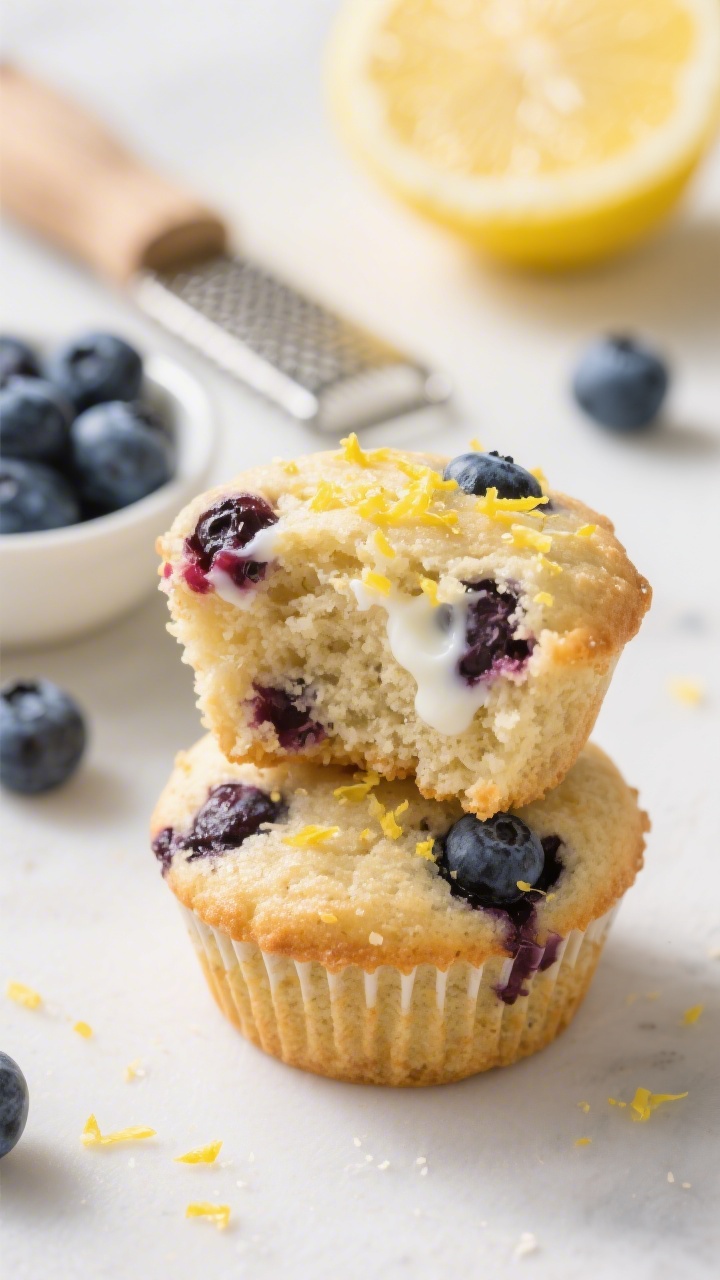 Close-up macro of Blueberry Yogurt Sunshine Minis with lemon zest sparkle: moist mini muffins studded with juicy blueberries, tender crumb from all-purpose and almond flours, yogurt sheen, and a delicate lemon zest confetti on top; a halved muffin reveals bursting berry pockets; include a small bowl of fresh blueberries, a zester, and a cut lemon in the blurred background; bright, cheerful lighting with subtle highlights to suggest “sunshine,” ultra-sharp detail on crumb and berries.