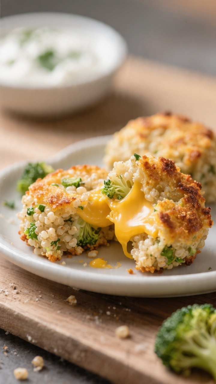 Close-up macro of Cheesy Broccoli Quinoa Bites fresh from the oven: golden, lightly crisp edges with melted mild cheddar visible among fluffy quinoa and very finely chopped steamed broccoli; a broken-open bite showing the tender, cheesy interior bound with egg and whole-wheat flour; served on a small toddler-friendly plate with a yogurt-herb dip in the background, shallow depth of field, warm highlights on the cheese pull, inviting snackable look.