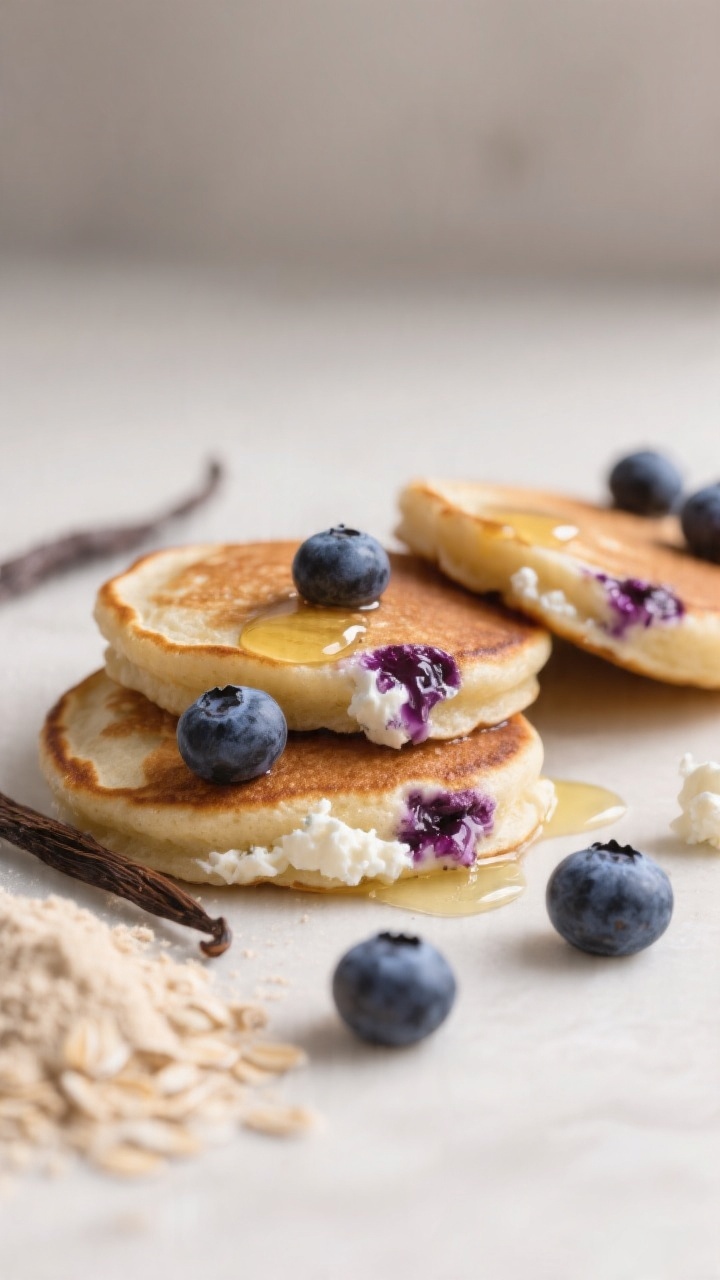 Close-up macro of Cottage Cheese Protein Pancakes With Blueberry Bursts: three small, thick pancakes with slightly rustic edges, visible pockets of creamy cottage cheese and juicy blueberries bleeding purple; glossy sheen from a light brush of melted butter/olive oil; a few fresh blueberries scattered, vanilla pod and a small mound of oat flour in soft focus background; shot at 45 degrees with shallow depth of field, emphasizing protein-rich texture and blueberry juiciness, clean neutral backdrop.